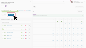 Educator account in Xello. The Learning Styles quiz task side panel is open. The cursor is clicking View report.